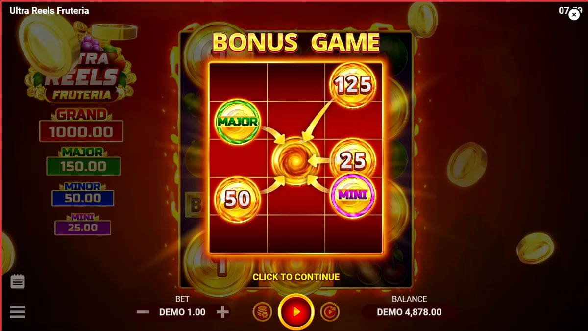 Tampilan visual slot Ultra Reels Fruteria dengan simbol buah-buahan cerah dan latar belakang karnaval.